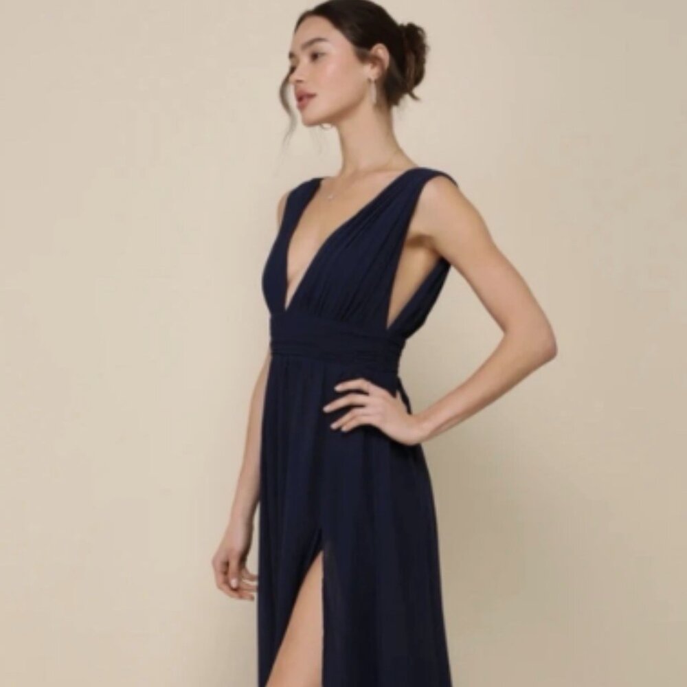 Lulus Heavenly Hues Navy Blue Maxi Dress V-Neck Bridesmaid Dress XXS